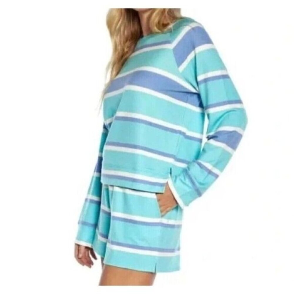 Wildfox Womens Relaxed Fit Super Soft Sweatshirt And Short Lounge Set L Striped‎